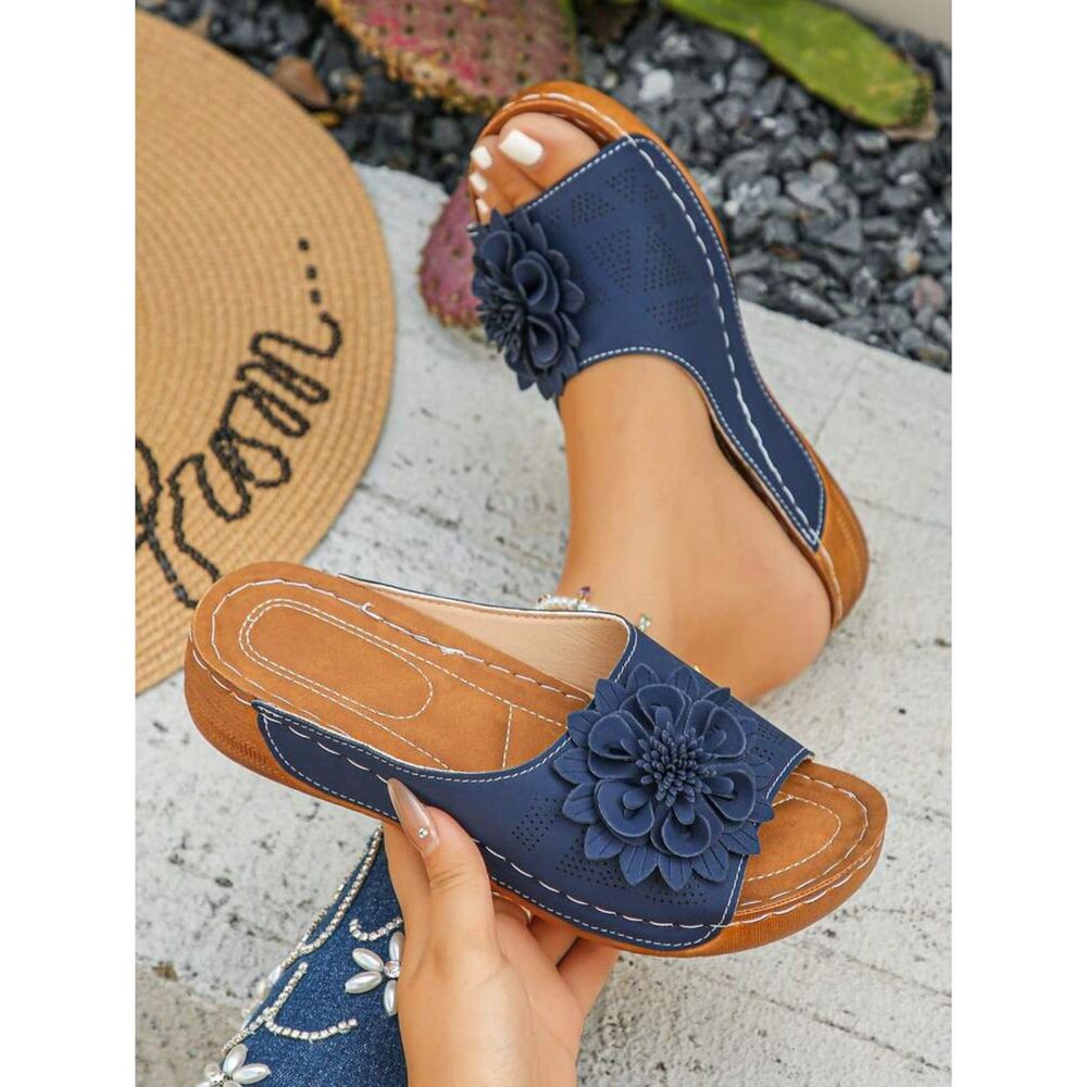 Women's Navy Blue Slide Sandals Size 40 (US 8) Flower Wedge Comfort Slip-On